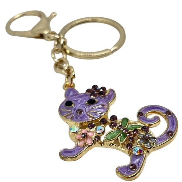 3/$30 CAT KEYCHAIN GOLD TONE ENAMEL RHINESTONE PURPLE BAG CHARM NWT GIFT - Picture 4 of 9